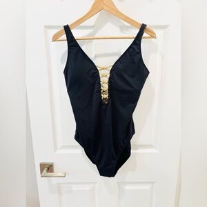 Bleu Rod Beattie Black One-Piece Swimsuit with Gold Accents size Medium